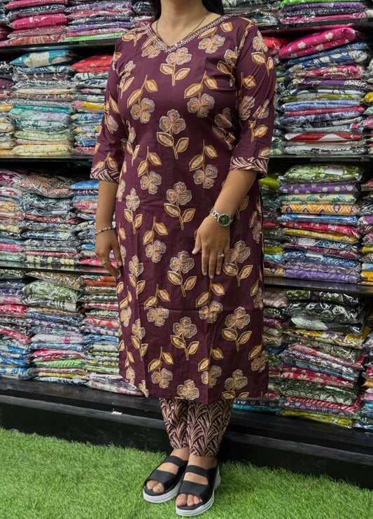STRAIGHT KURTI WITH PANT (PURE CAMRIC COTTON, WITH WORK)