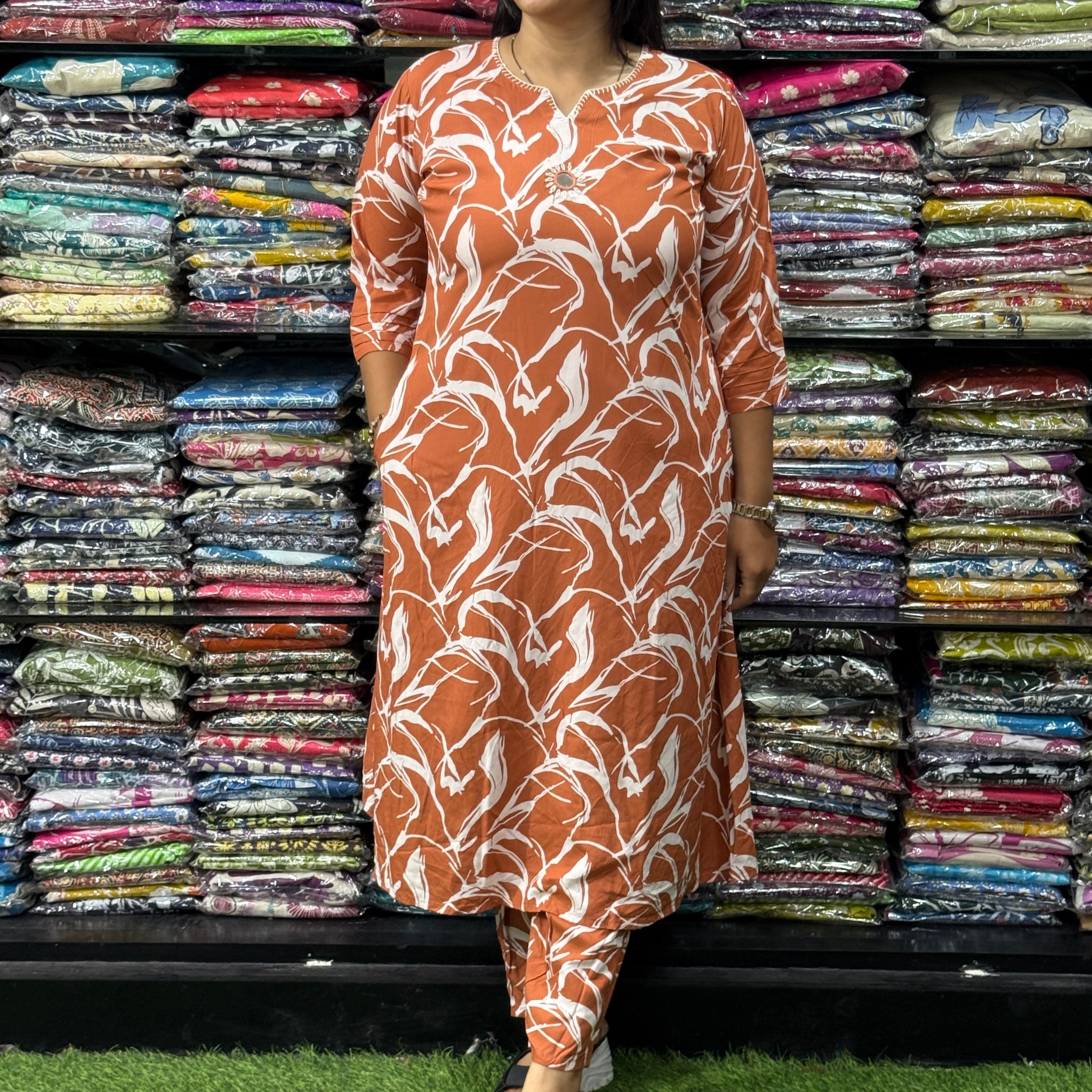 ALINE KURTI WITH PANT (HEAVY 22KG RAYON, WITH WORK)