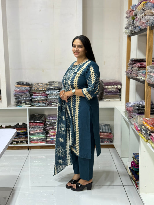 STRAIGHT KURTI PLAZO DUPATTA (CAMRIC COTTON)