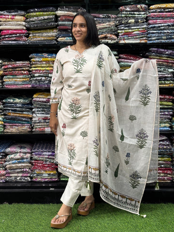 STRAIGHT KURTI PENT DUPATTA (KHADI COTTON ,WITH WORK)