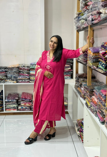 ALINE KURTI PLAZO DUPATTA (CAMRIC COTTON)