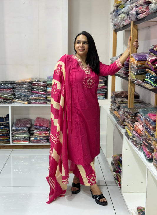 ALINE KURTI PLAZO DUPATTA (CAMRIC COTTON)