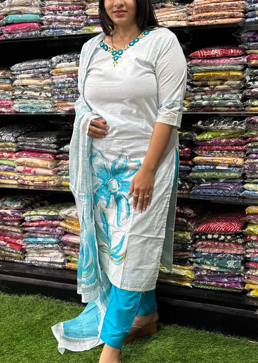 STRAIGHT KURTI PENT DUPATTA (CAMRIC COTTON WITH LINING,WITH WORK)