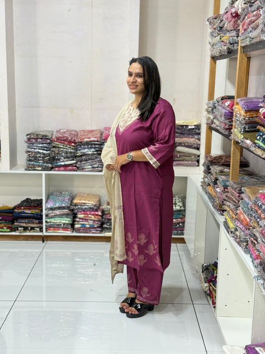 STRAIGHT KURTI PLAZO DUPATTA (DHABU COTTON)