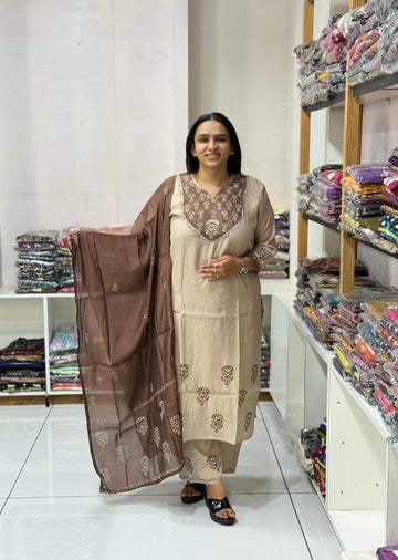STRAIGHT KURTI PLAZO DUPATTA (MAL CHANDERI)