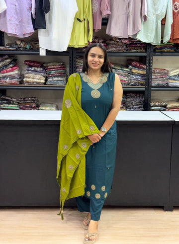 STRAIGHT KURTI PLAZO DUPATTA (RAYON SUI SLUB)