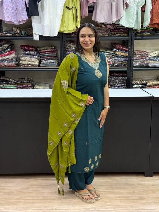 STRAIGHT KURTI PLAZO DUPATTA (RAYON SUI SLUB)