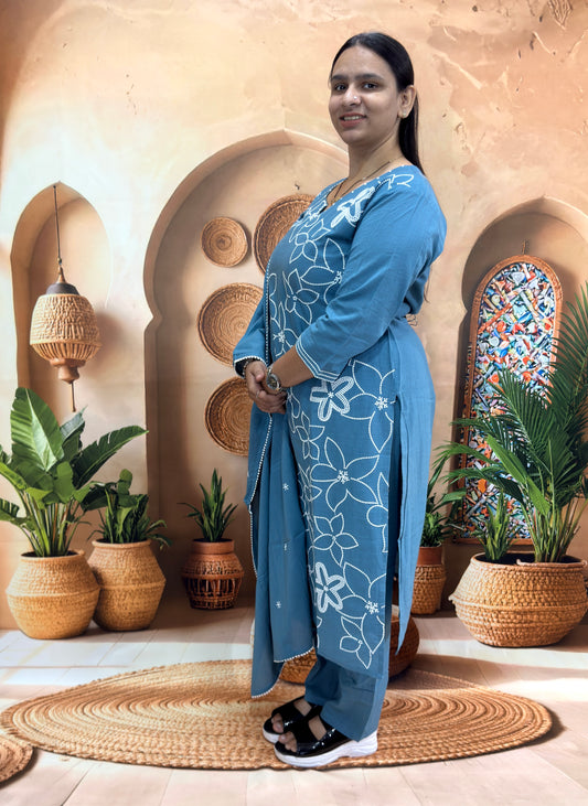STRAIGHT KURTI PANT DUPATTA (COTTON(COTTON LINING),WITH WORK)