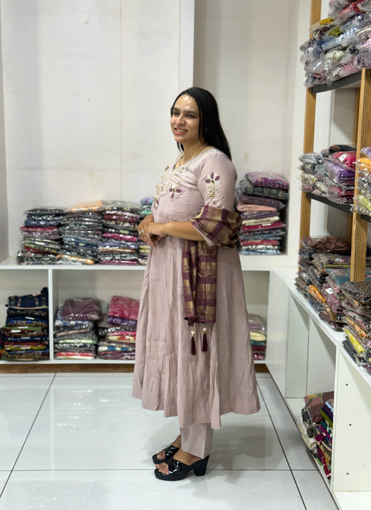 ROUND KURTI PLAZO DUPATTA (MAL CHANDERI)