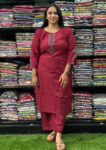 STRAIGHT KURTI WITH PLAZO (FLEX COTTON,WITH WORK)