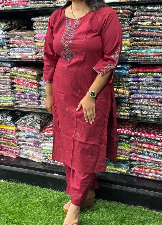 STRAIGHT KURTI WITH PLAZO (FLEX COTTON,WITH WORK)