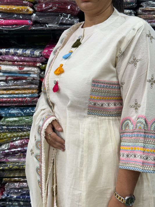 ROUND KURTI PANT DUPATTA (PURE COTTON(COTTON LINING),WITH WORK)