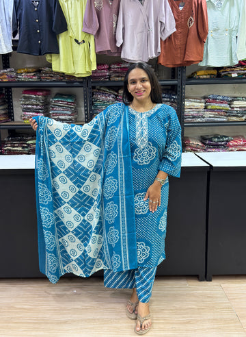STRAIGHT KURTI PLAZO DUPATTA (MAGIC COTTON)