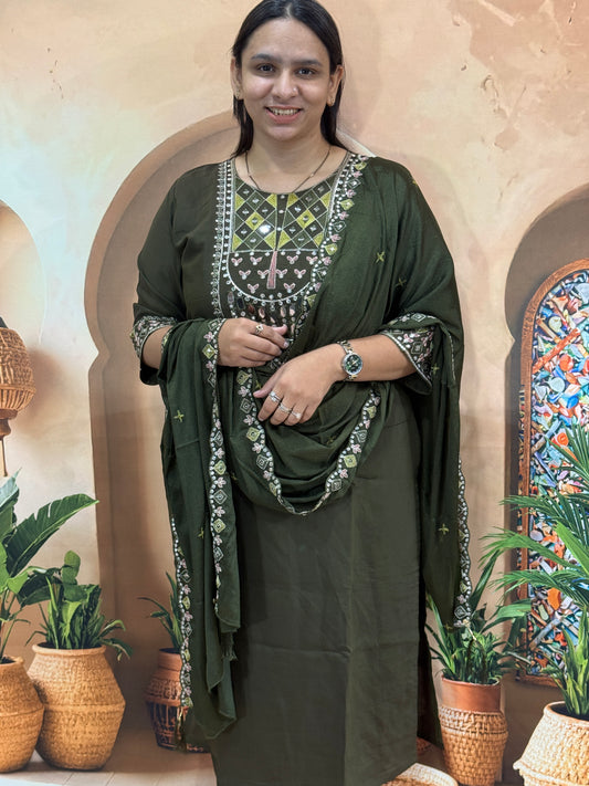 STRAIGHT KURTI PANT DUPATTA (ROMAN SILK (COTTON LINING),WITH WORK)