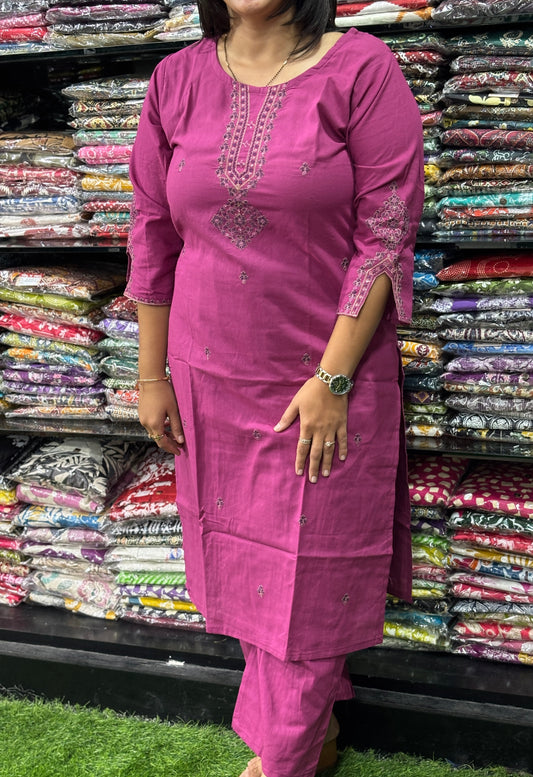 STRAIGHT KURTI WITH PLAZO (FLEX COTTON,WITH WORK)