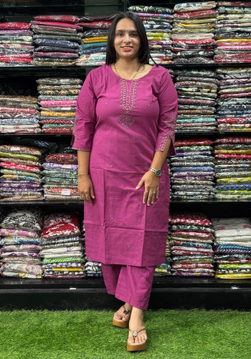 STRAIGHT KURTI WITH PLAZO (FLEX COTTON,WITH WORK)