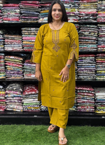 STRAIGHT KURTI WITH PLAZO (FLEX COTTON,WITH WORK)