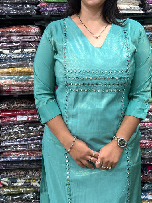 STRAIGHT KURTI WITH PLAZO (SIMMER SILK WITH COTTON LINING,WITH WORK)
