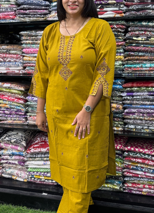 STRAIGHT KURTI WITH PLAZO (FLEX COTTON,WITH WORK)