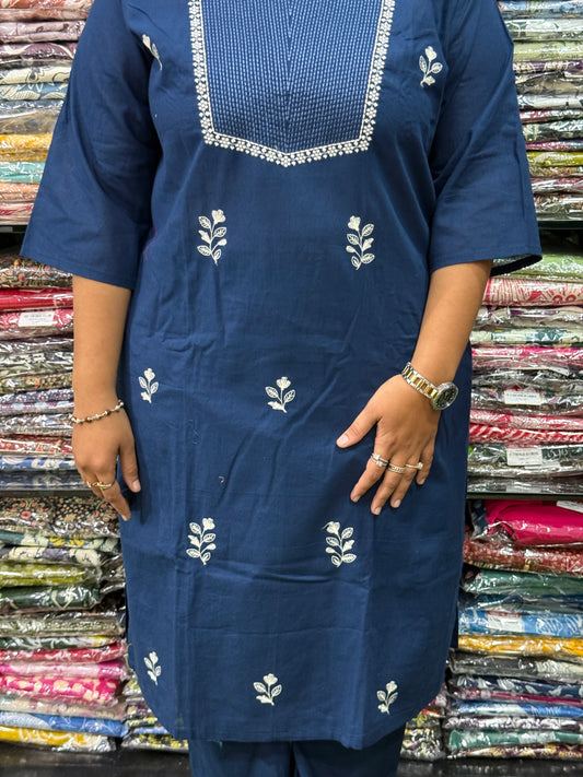 STRAIGHT KURTI WITH PLAZO(FLEX COTTON,WITH WORK)