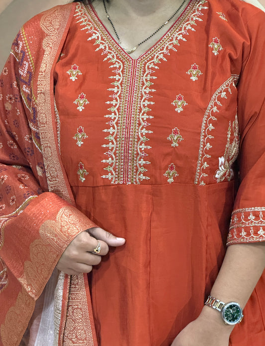 STRAIGHT KURTI PANT DUPATTA (ROMAN SILK (COTTON LINING),WITH WORK)