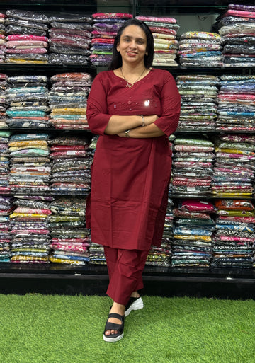 STRAIGHT KURTI WITH PENT(PURE CAMRIC COTTON,WITH WORK)