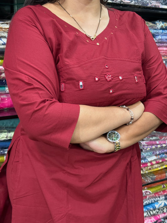 STRAIGHT KURTI WITH PENT(PURE CAMRIC COTTON,WITH WORK)