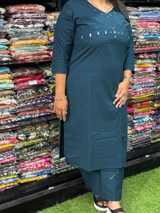 STRAIGHT KURTI WITH PENT(PURE CAMRIC COTTON,WITH WORK)