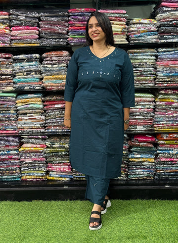 STRAIGHT KURTI WITH PENT(PURE CAMRIC COTTON,WITH WORK)