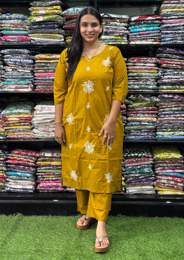 STRAIGHT KURTI WITH PLAZO (FLEX COTTON,WITH WORK)