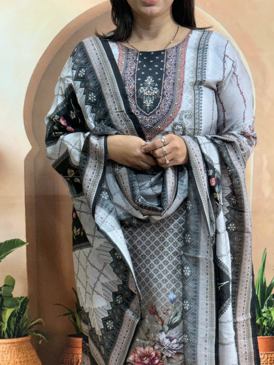 STRAIGHT KURTI PANT DUPATTA (CHANDERI COTTON(COTTON LINING),WITH WORK)