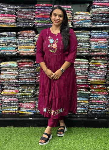 ALINE KURTI WITH PENT(PURE SILK,WITH WORK)