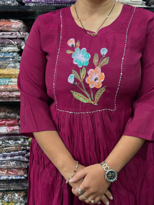 ALINE KURTI WITH PENT(PURE SILK,WITH WORK)