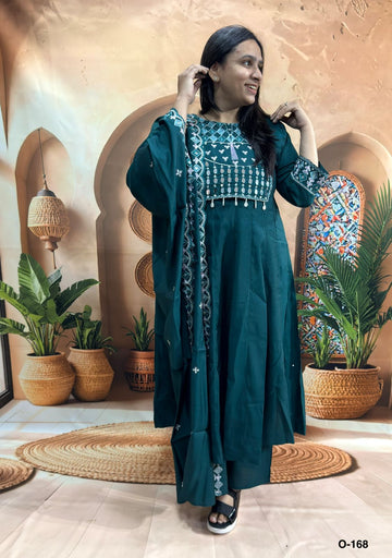ROUND KURTI PANT DUPATTA (ROMAN SILK (COTTON LINING),WITH WORK)