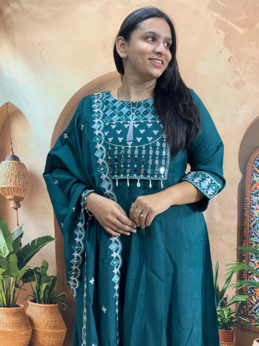 ROUND KURTI PANT DUPATTA (ROMAN SILK (COTTON LINING),WITH WORK)