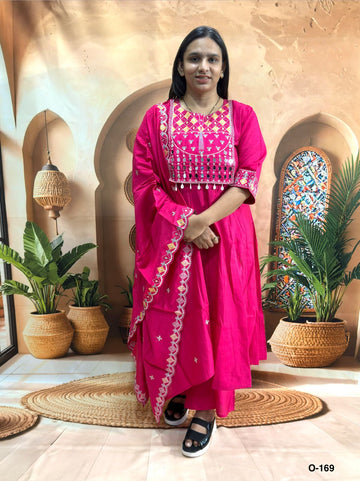 ROUND KURTI PANT DUPATTA (ROMAN SILK (COTTON LINING),WITH WORK)