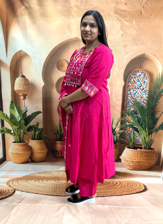 ROUND KURTI PANT DUPATTA (ROMAN SILK (COTTON LINING),WITH WORK)