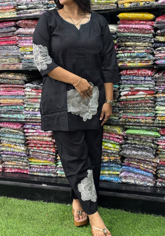 STRAIGHT TUNIC WITH PLAZO (FLEX COTTON,EMBROIDERY)