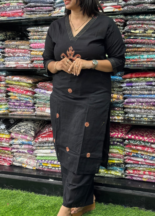 STRAIGHT KURTI WITH PLAZO (FLEX COTTON,EMBROIDERY)