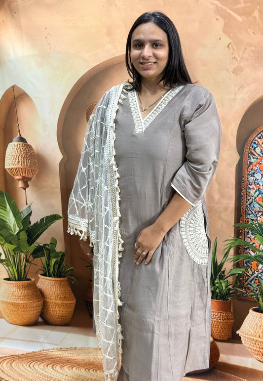 ALINE KURTI PANT DUPATTA (ROMAN SILK (COTTON LINING),WITH WORK)