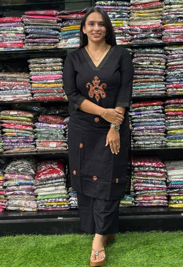 STRAIGHT KURTI WITH PLAZO (FLEX COTTON,EMBROIDERY)