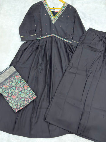 ALINE KURTI PLAZO DUPATTA  (ROMAN SILK,WITH WORK)