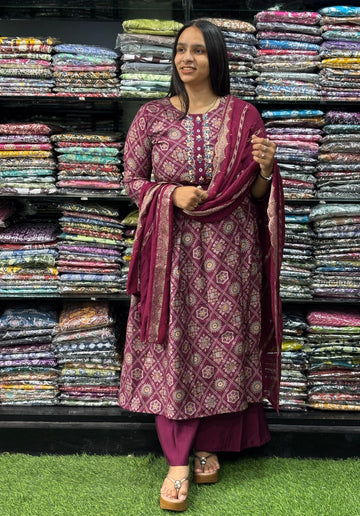 ALINE KURTI PLAZO DUPATTA  (ROMAN SILK,WITH WORK)