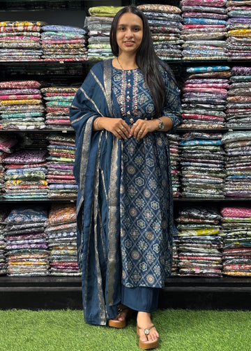 ALINE KURTI PLAZO DUPATTA  (ROMAN SILK,WITH WORK)