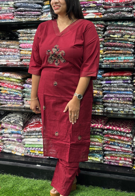 STRAIGHT KURTI WITH PLAZO (FLEX COTTON,EMBROIDERY)