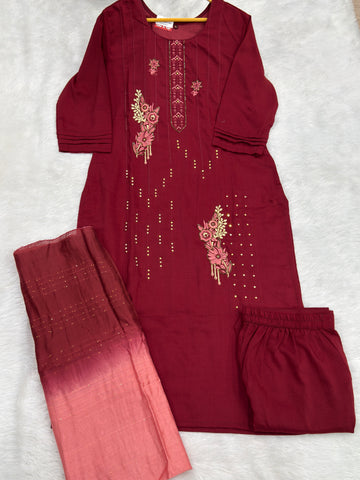 STRAIGHT KURTI PANT DUPATTA (HEAVY RAYON WITH WORK)