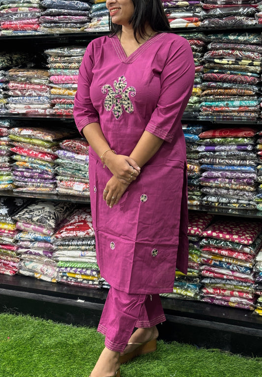 STRAIGHT KURTI WITH PLAZO (FLEX COTTON,EMBROIDERY)