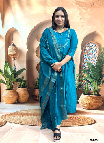 ROUND KURTI PANT DUPATTA (ROMAN SILK (COTTON LINING) WITH WORK)