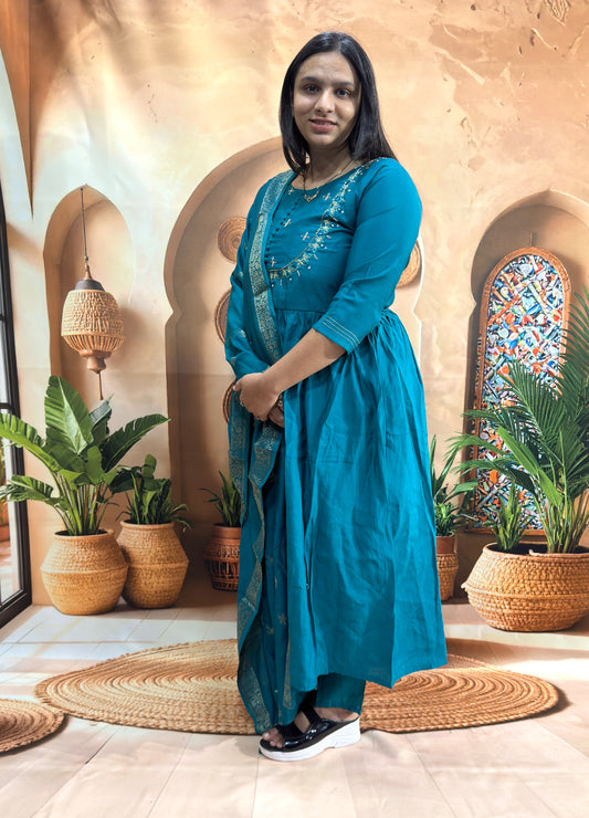 ROUND KURTI PANT DUPATTA (ROMAN SILK (COTTON LINING) WITH WORK)