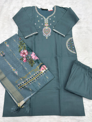 STRAIGHT KURTI PANT DUPATTA (ROMAN SILK WITH WORK)